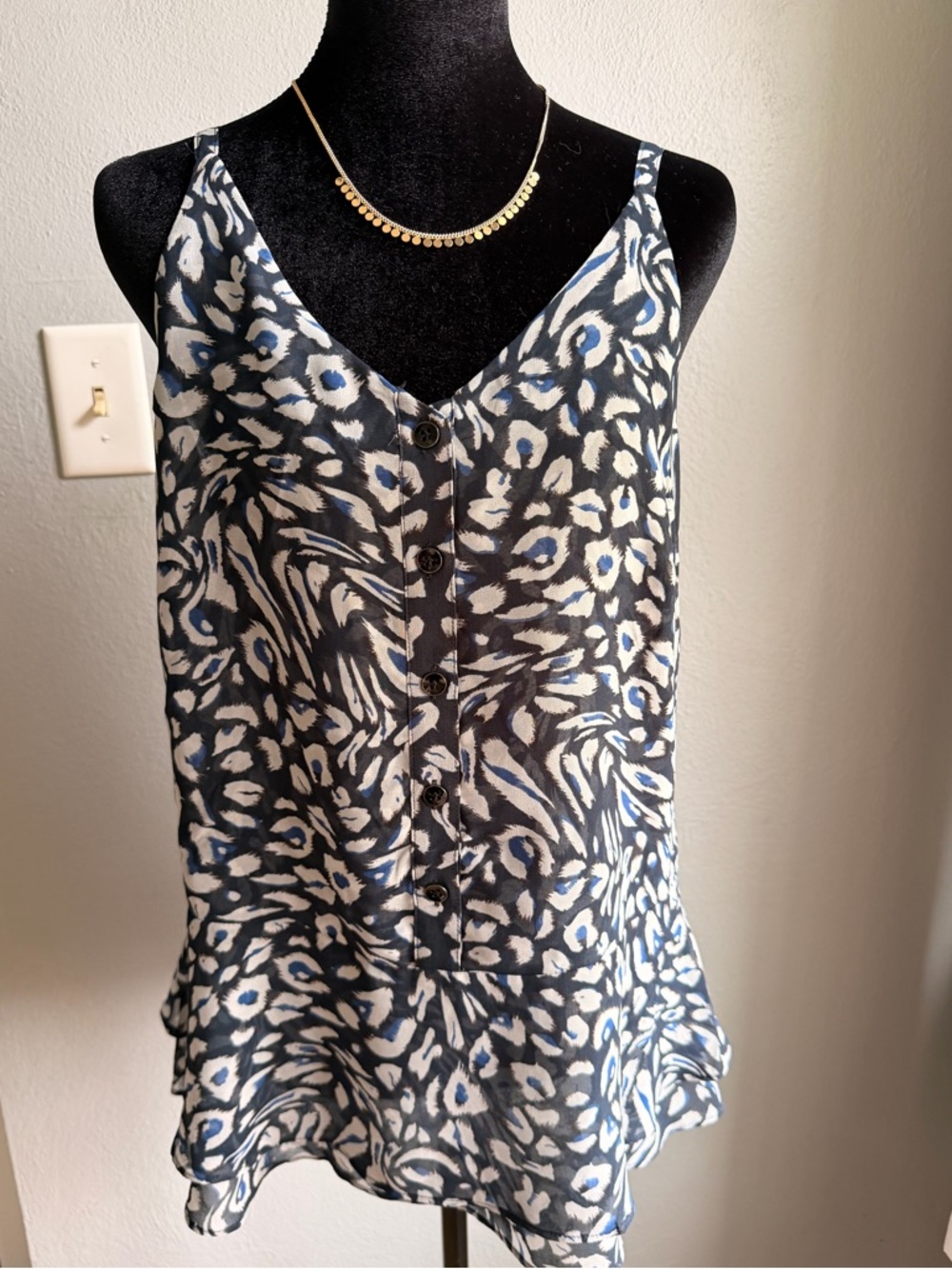 CAbi navy and cream floral silk-blend top